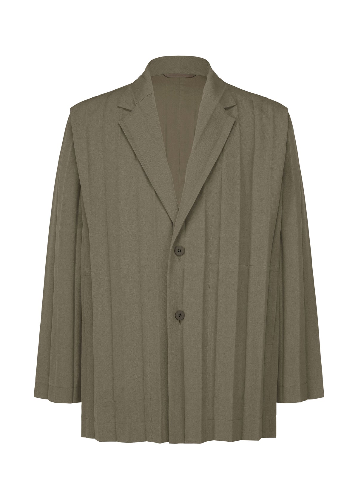 A product shot of the HOMME PLISSÉ ISSEY MIYAKE EDGE ENSEMBLE jacket in khaki (65).