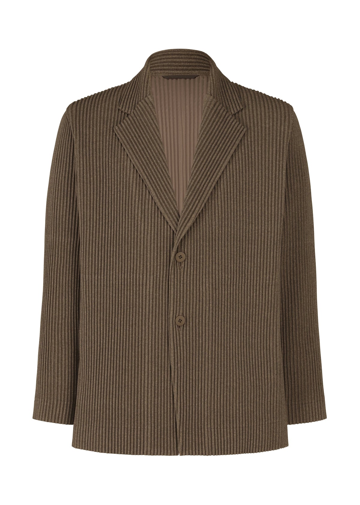 A product shot of the HOMME PLISSÉ ISSEY MIYAKE WOOL LIKE LIGHT jacket in brown (44).