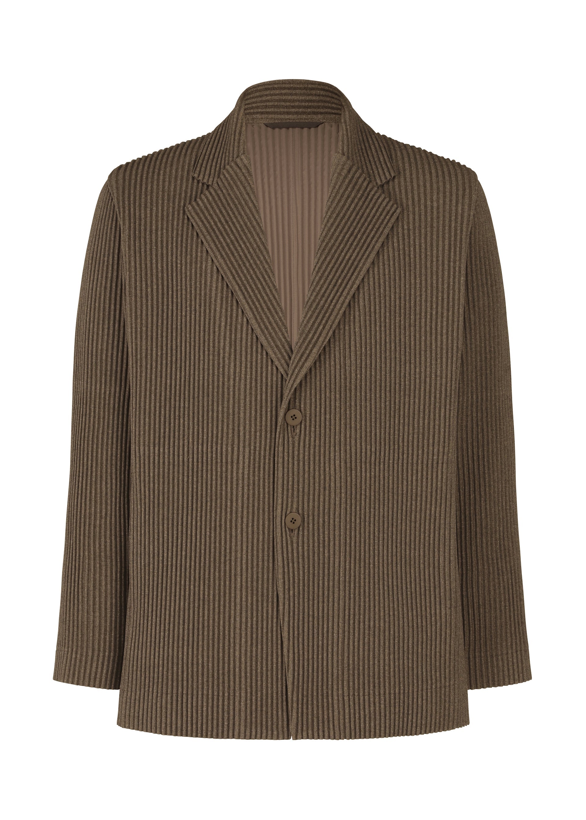 A product shot of the HOMME PLISSÉ ISSEY MIYAKE WOOL LIKE LIGHT jacket in brown (44).