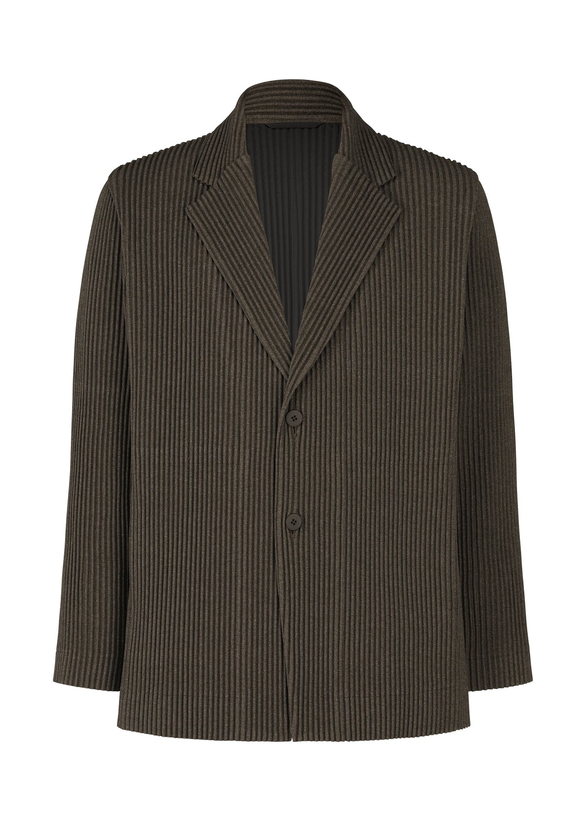 A product shot of the HOMME PLISSÉ ISSEY MIYAKE WOOL LIKE LIGHT jacket in dark brown (49).