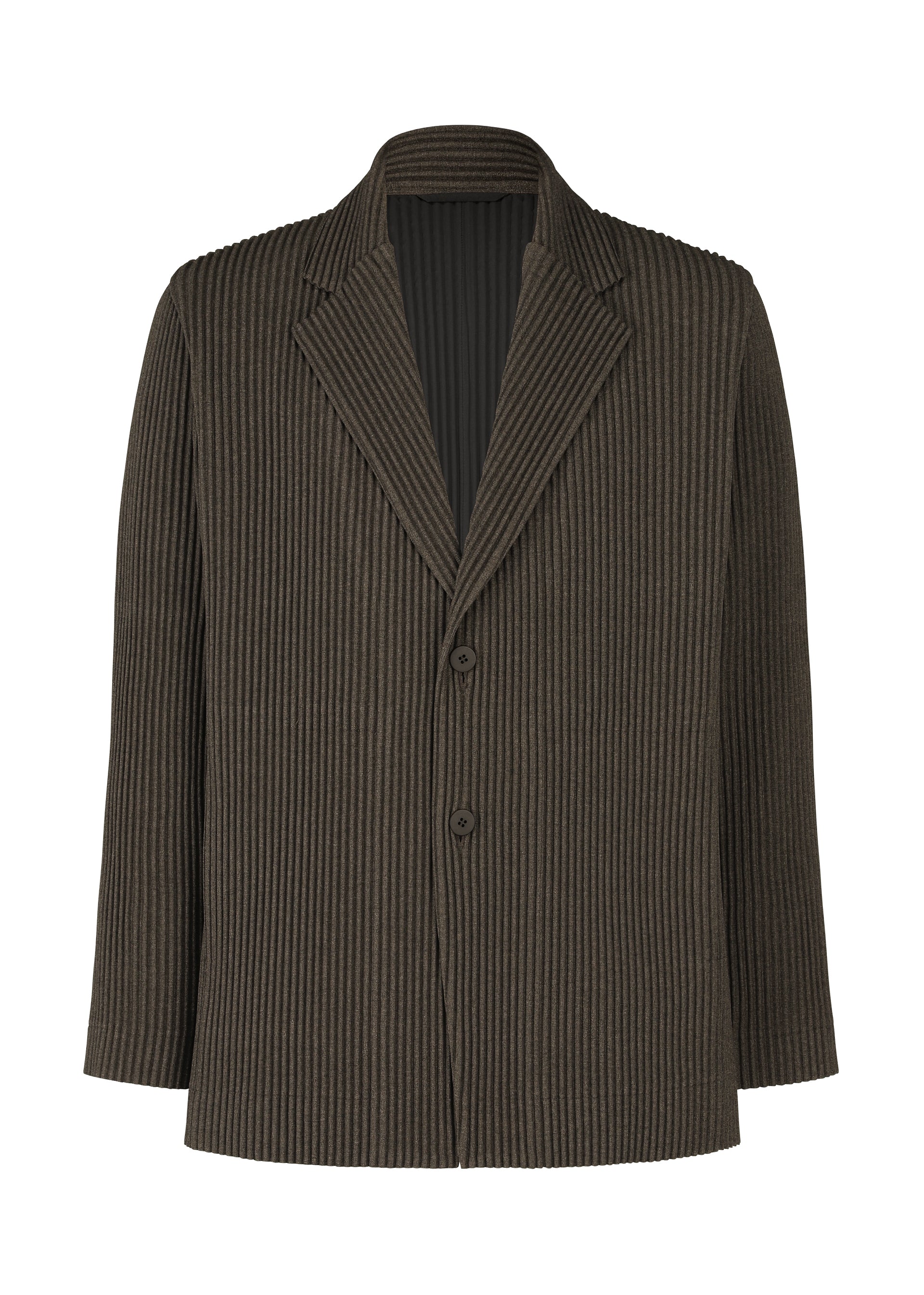 A product shot of the HOMME PLISSÉ ISSEY MIYAKE WOOL LIKE LIGHT jacket in dark brown (49).