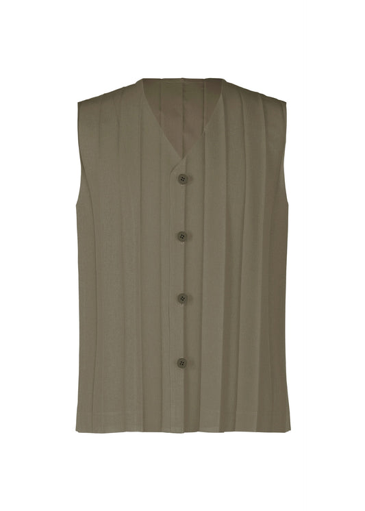 A product shot of the HOMME PLISSÉ ISSEY MIYAKE EDGE ENSEMBLE vest in khaki (65).