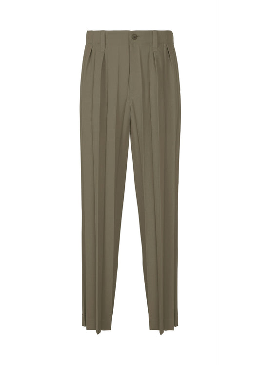 A product shot of the HOMME PLISSÉ ISSEY MIYAKE EDGE ENSEMBLE trousers in khaki (65).