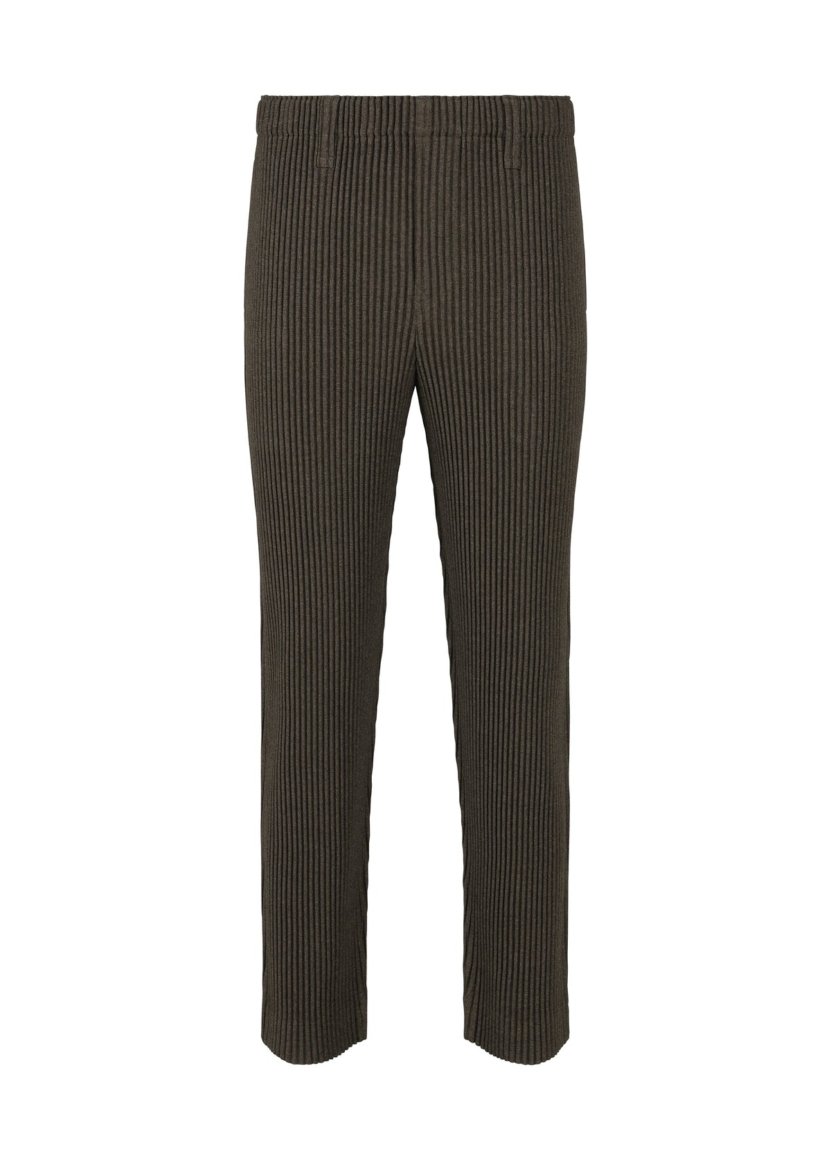 A product shot of the HOMME PLISSÉ ISSEY MIYAKE WOOL LIKE LIGHT trousers in dark brown (49).
