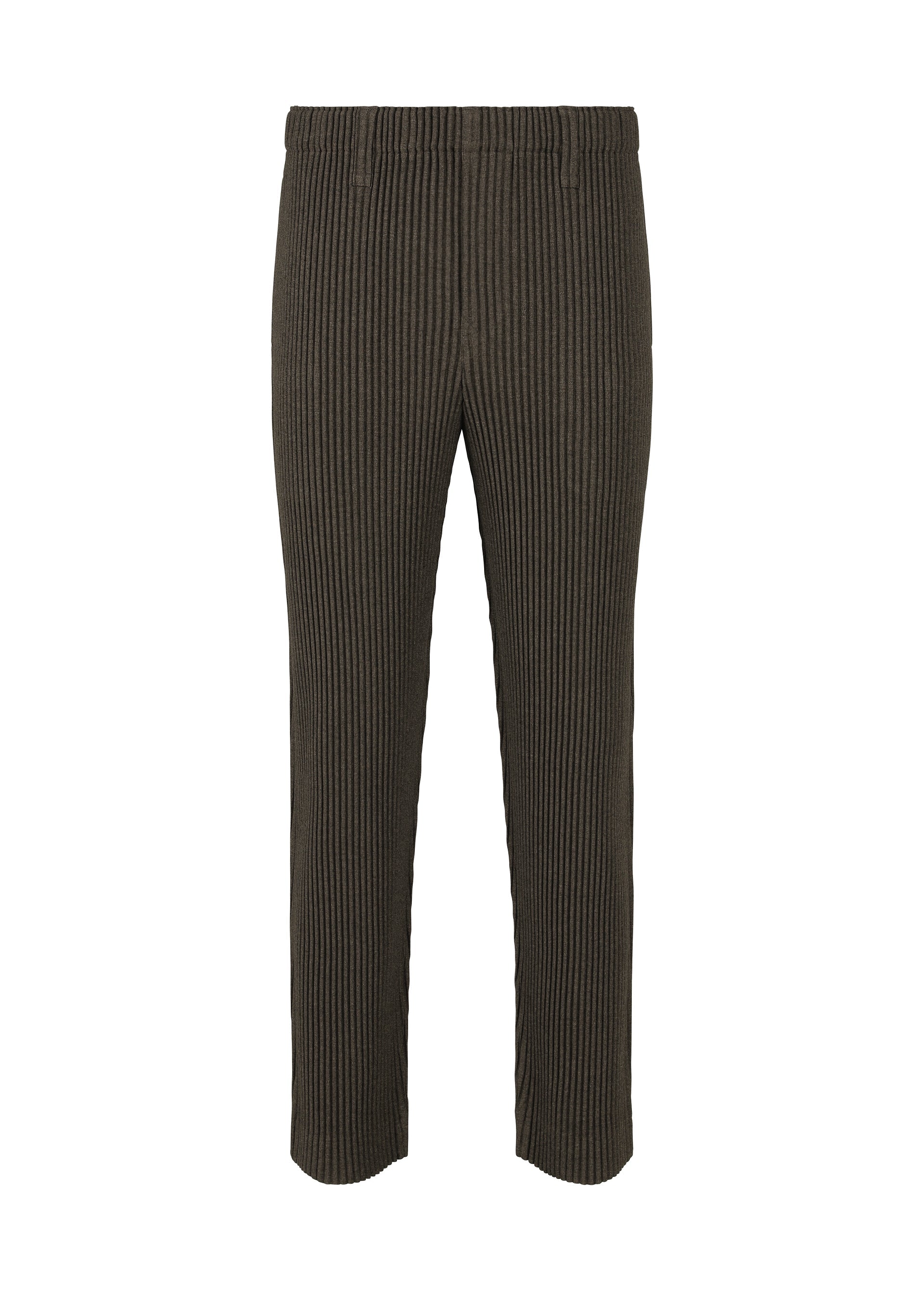 A product shot of the HOMME PLISSÉ ISSEY MIYAKE WOOL LIKE LIGHT trousers in dark brown (49).