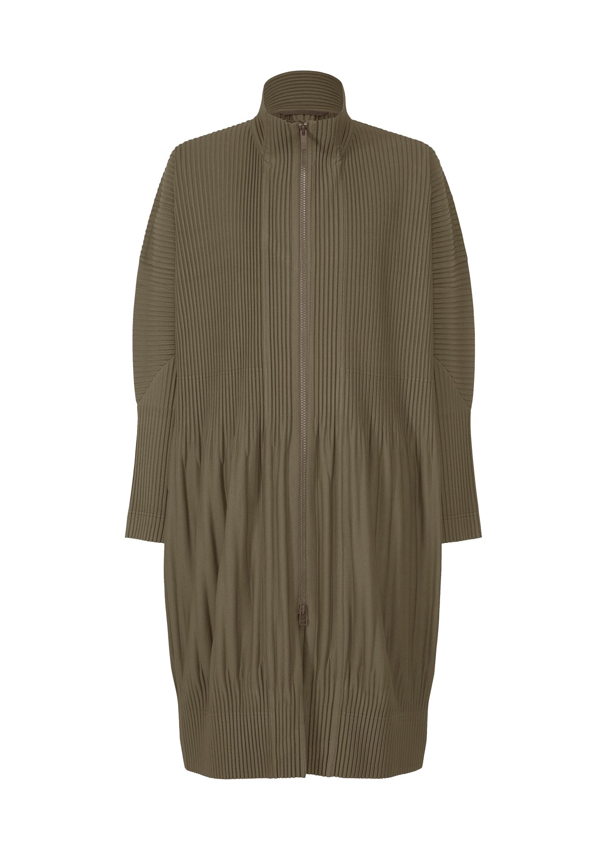 A product shot of the HOMME PLISSÉ ISSEY MIYAKE MONTHLY COLORS NOVEMBER coat in mudstone grey (17).