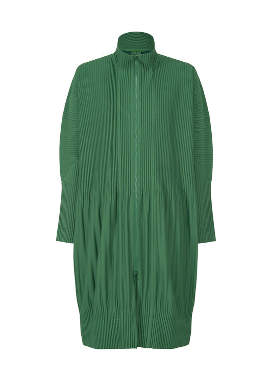 A product shot of the HOMME PLISSÉ ISSEY MIYAKE MONTHLY COLORS NOVEMBER coat in celadon green (63).