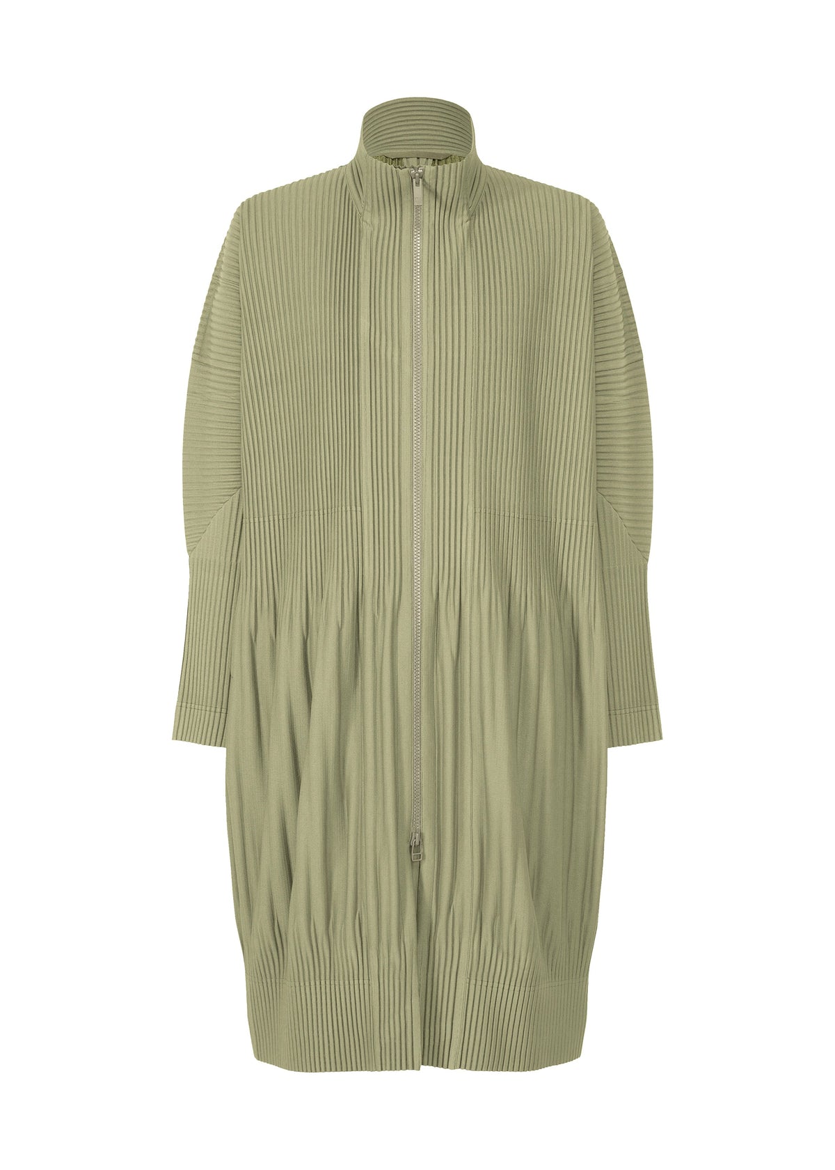 A product shot of the HOMME PLISSÉ ISSEY MIYAKE MONTHLY COLORS NOVEMBER coat in mangan green (64).