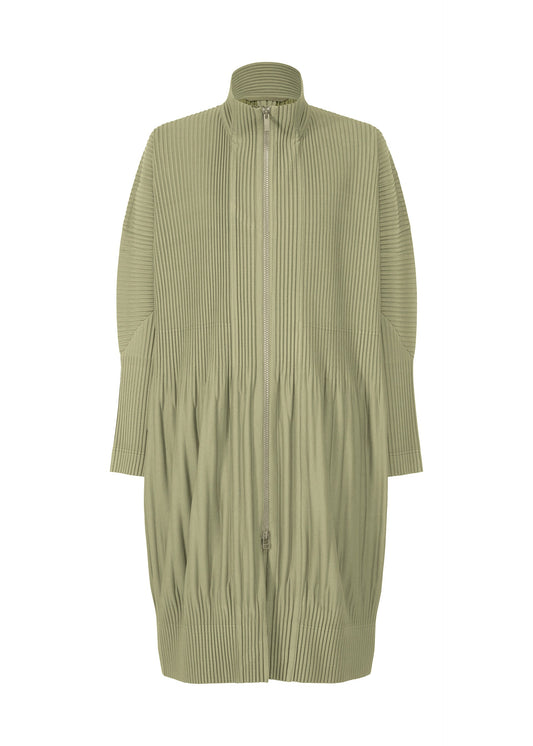 A product shot of the HOMME PLISSÉ ISSEY MIYAKE MONTHLY COLORS NOVEMBER coat in mangan green (64).