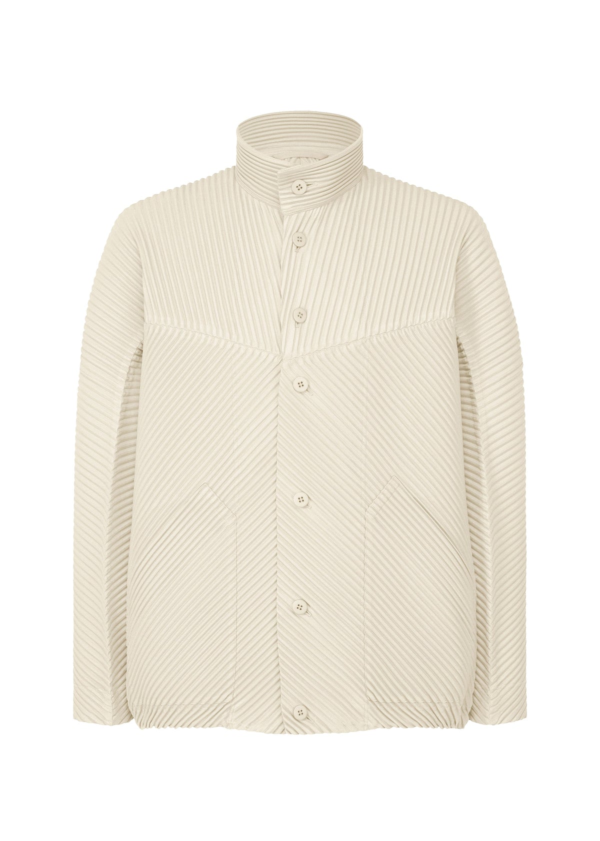A product shot of the HOMME PLISSÉ ISSEY MIYAKE MONTHLY COLORS SEPTEMBER jacket in limestone white (04).