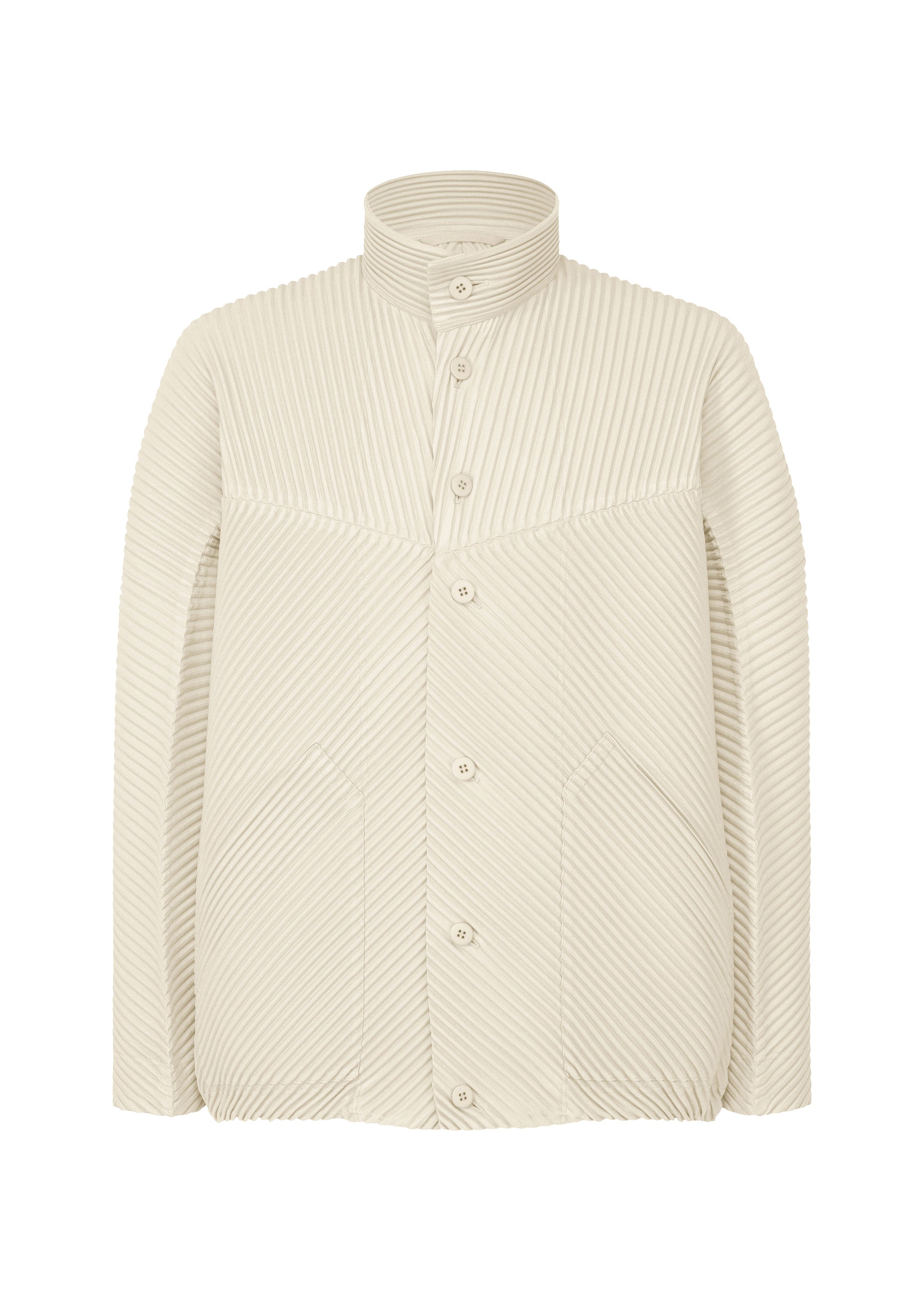 A product shot of the HOMME PLISSÉ ISSEY MIYAKE MONTHLY COLORS SEPTEMBER jacket in limestone white (04).