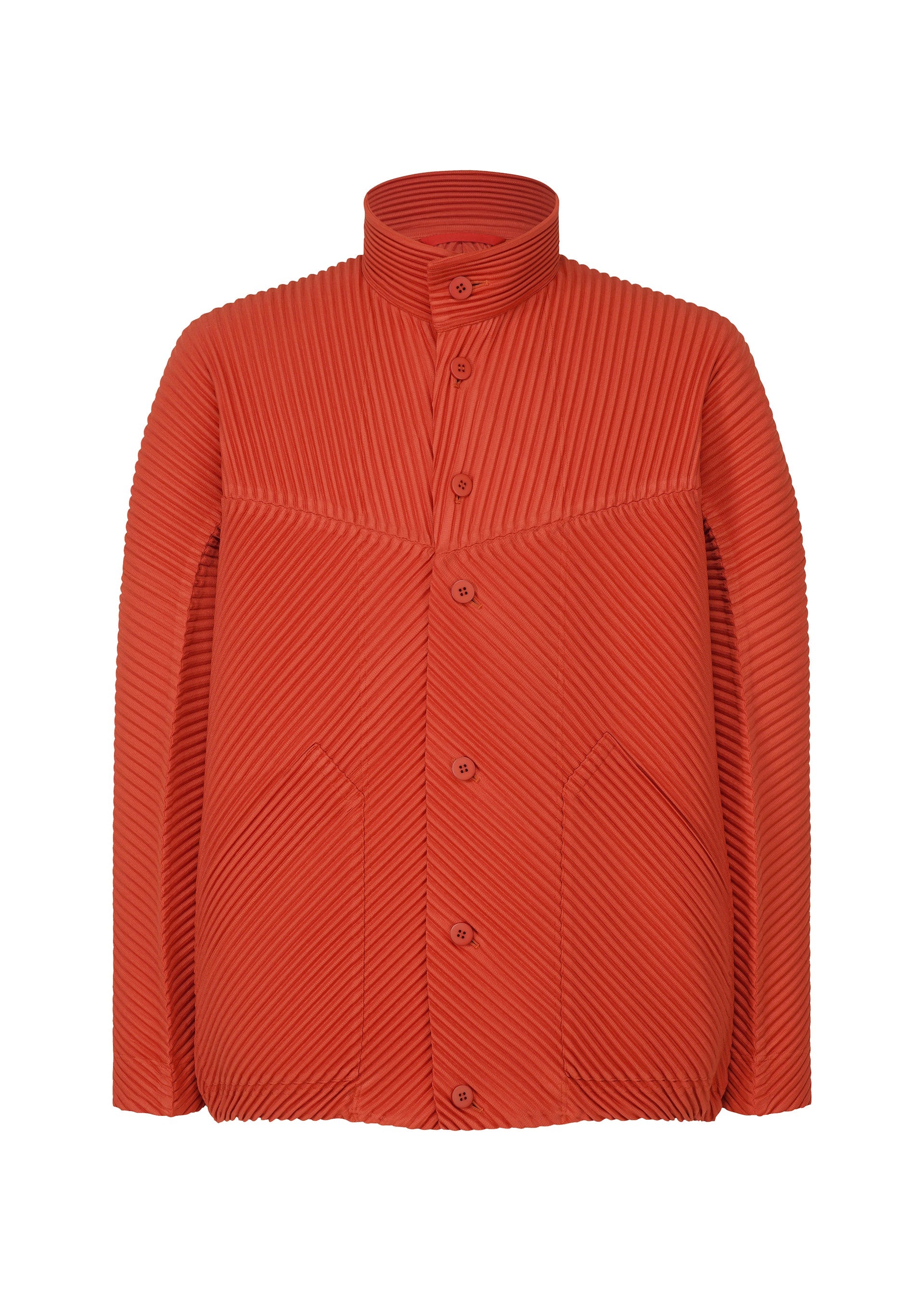 A product shot of the HOMME PLISSÉ ISSEY MIYAKE MONTHLY COLORS SEPTEMBER jacket in jasper red (25).