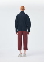 A model wears the HOMME PLISSÉ ISSEY MIYAKE MONTHLY COLORS AUGUST trousers.