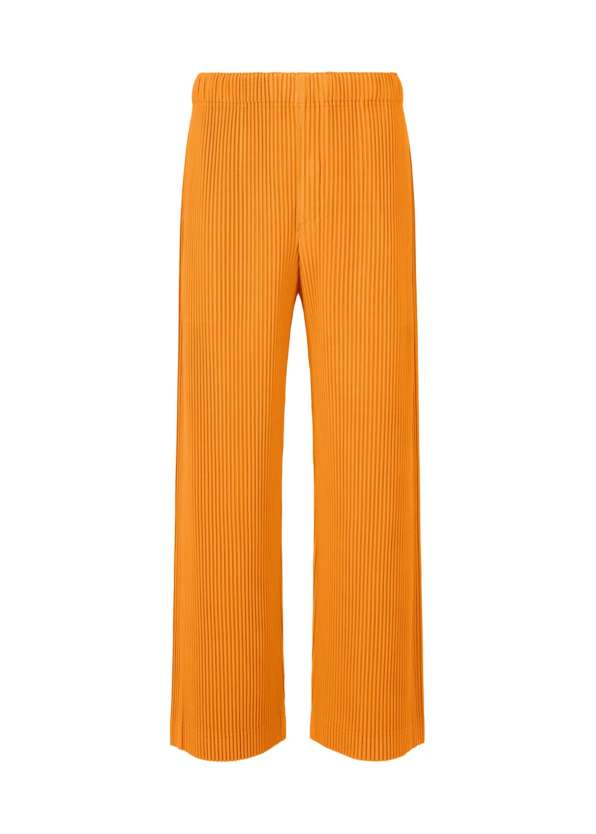 A product shot of the HOMME PLISSÉ ISSEY MIYAKE MONTHLY COLORS OCTOBER trousers in orpiment orange (33).