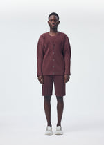 A model wears the HOMME PLISSÉ ISSEY MIYAKE COLOR PLEATS trousers.