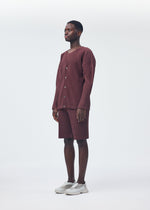 A model wears the HOMME PLISSÉ ISSEY MIYAKE COLOR PLEATS trousers.