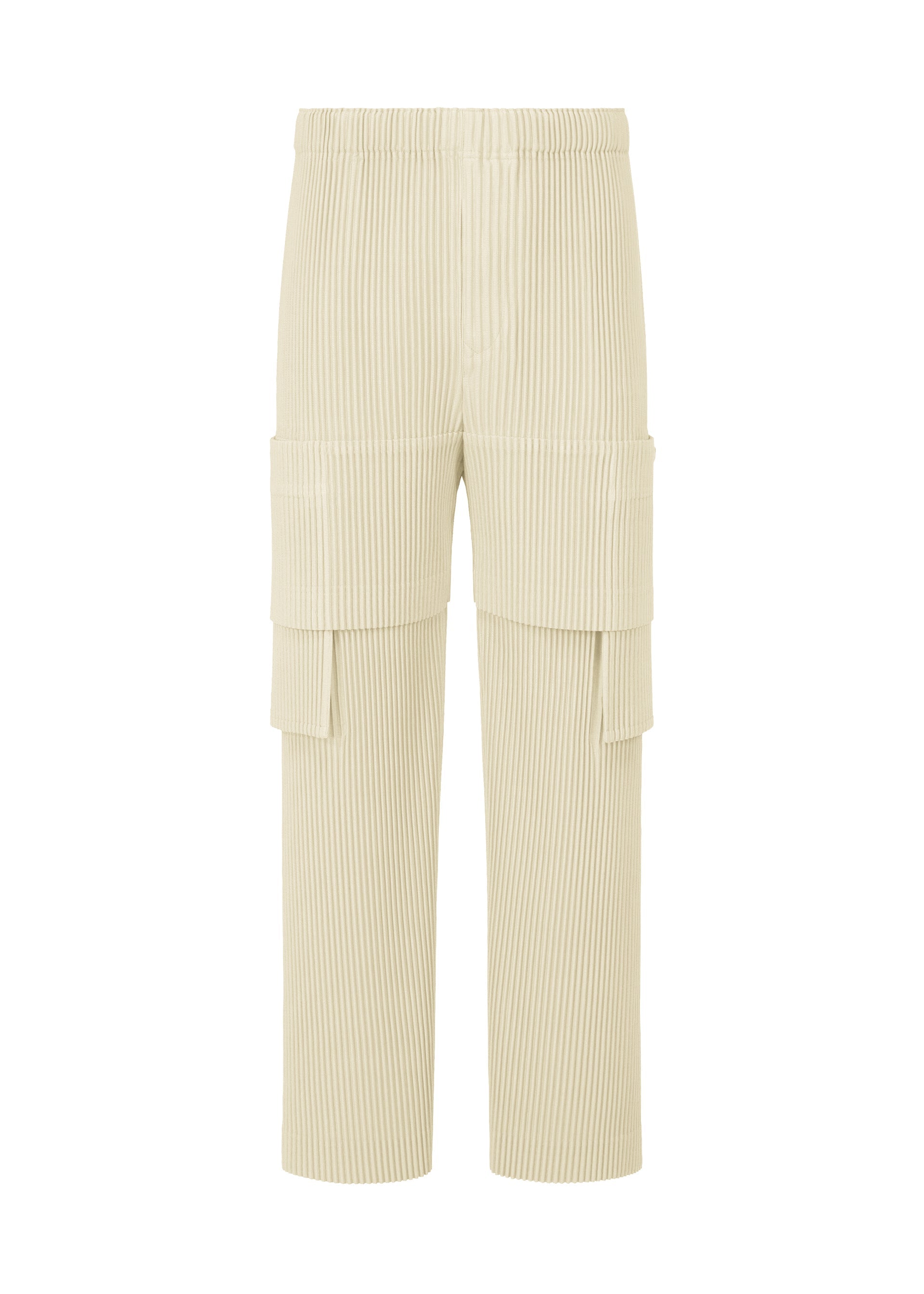 A product shot of the HOMME PLISSÉ ISSEY MIYAKE MULTI POCKET trousers in limestone white (04).