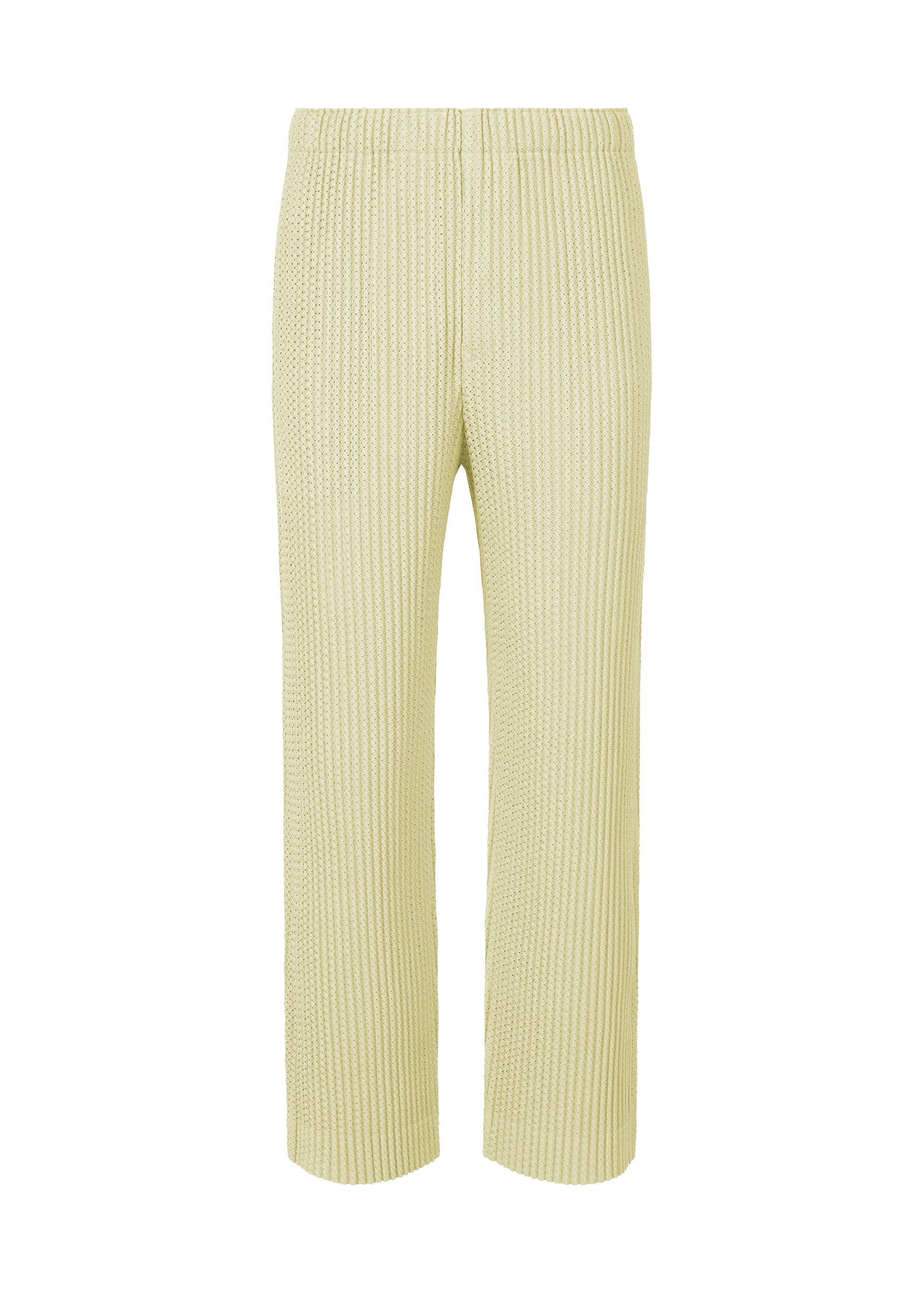 A product shot of the HOMME PLISSÉ ISSEY MIYAKE WICKERWORK MESH trousers in ivory (41).
