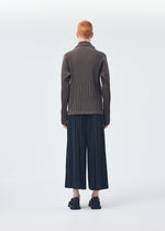 A model wears the HOMME PLISSÉ ISSEY MIYAKE WICKERWORK MESH trousers.