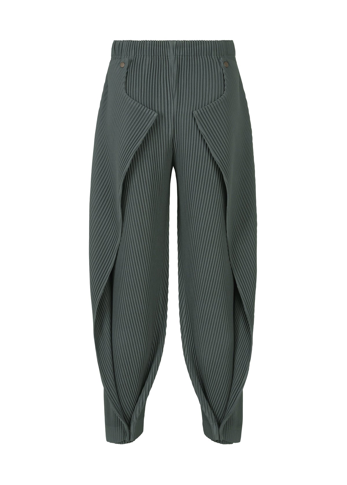 A detail shot of the HOMME PLISSÉ ISSEY MIYAKE ANGULAR STONE trousers.