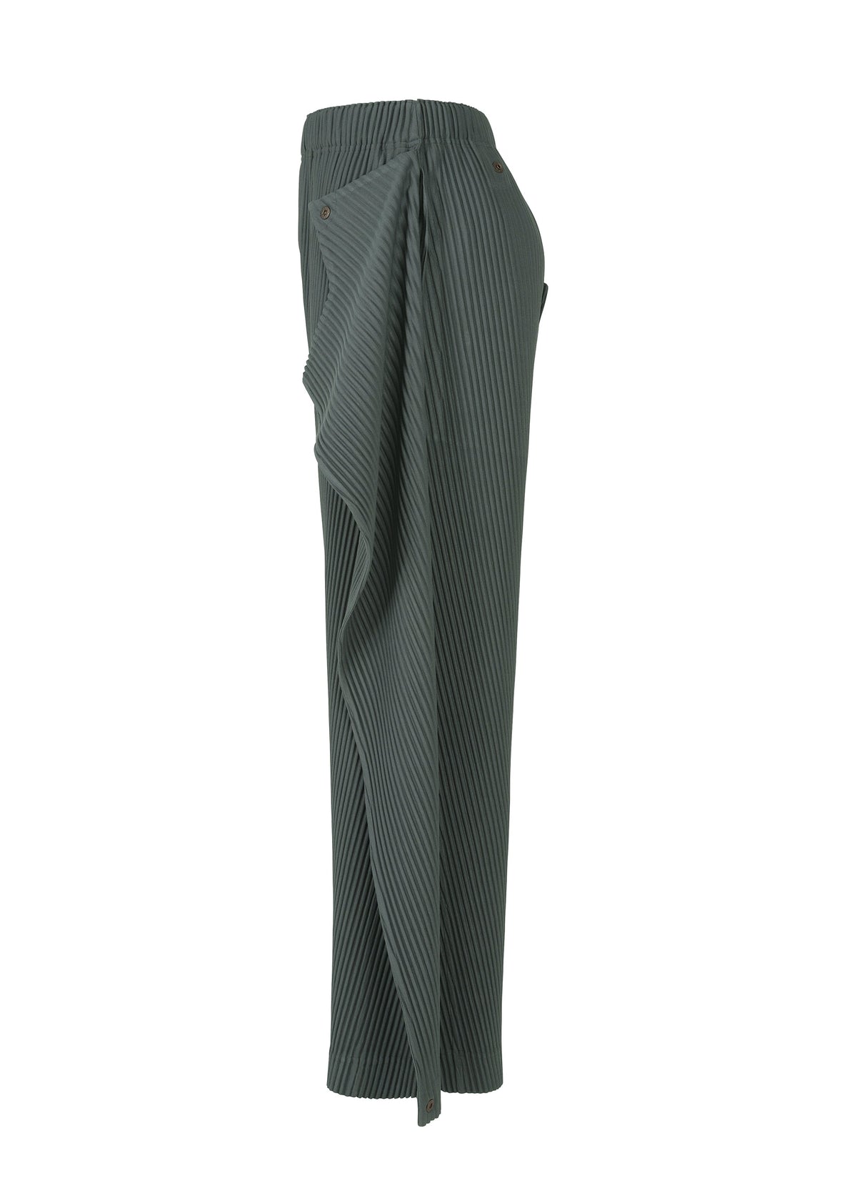 A detail shot of the HOMME PLISSÉ ISSEY MIYAKE ANGULAR STONE trousers.