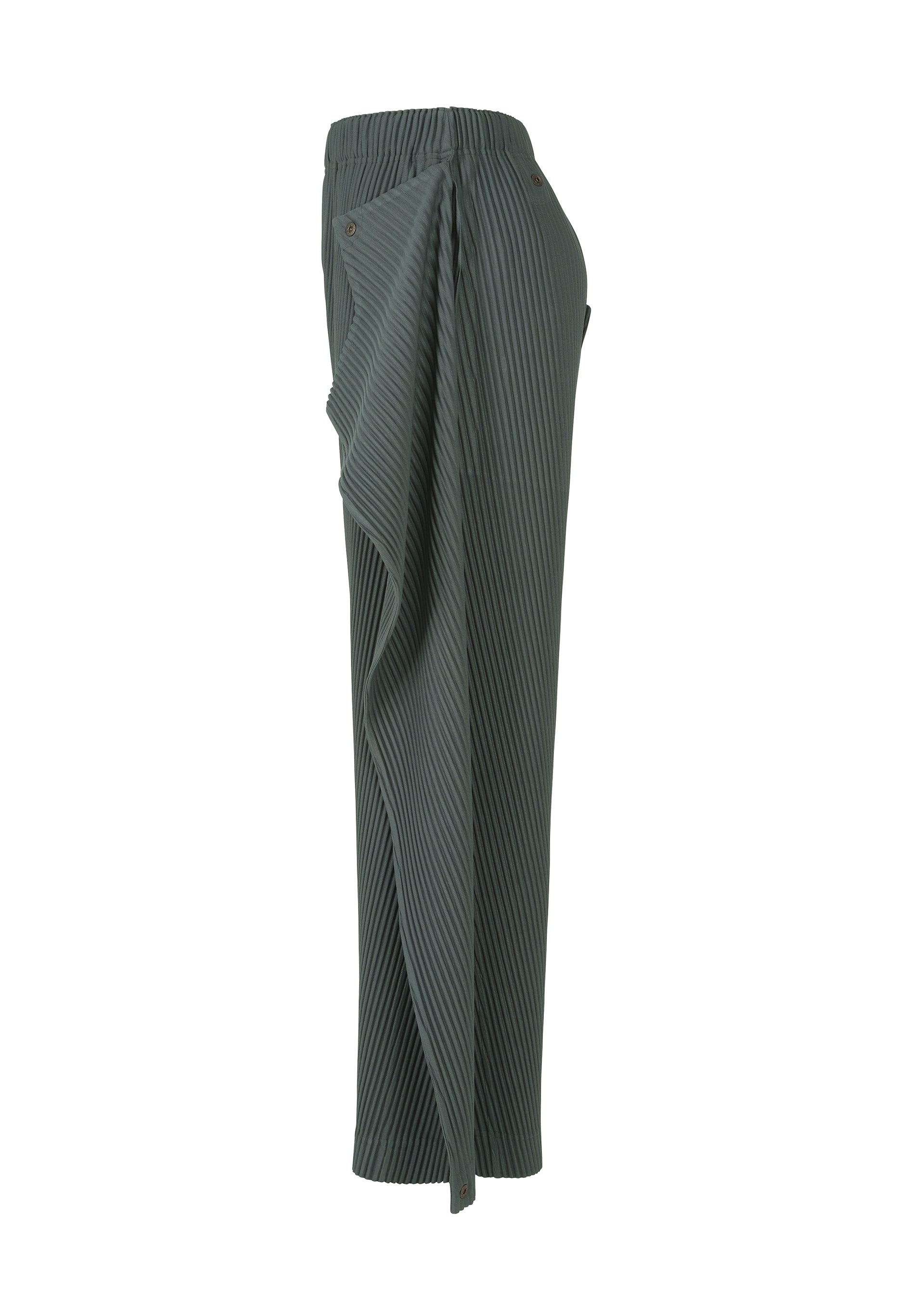A detail shot of the HOMME PLISSÉ ISSEY MIYAKE ANGULAR STONE trousers.