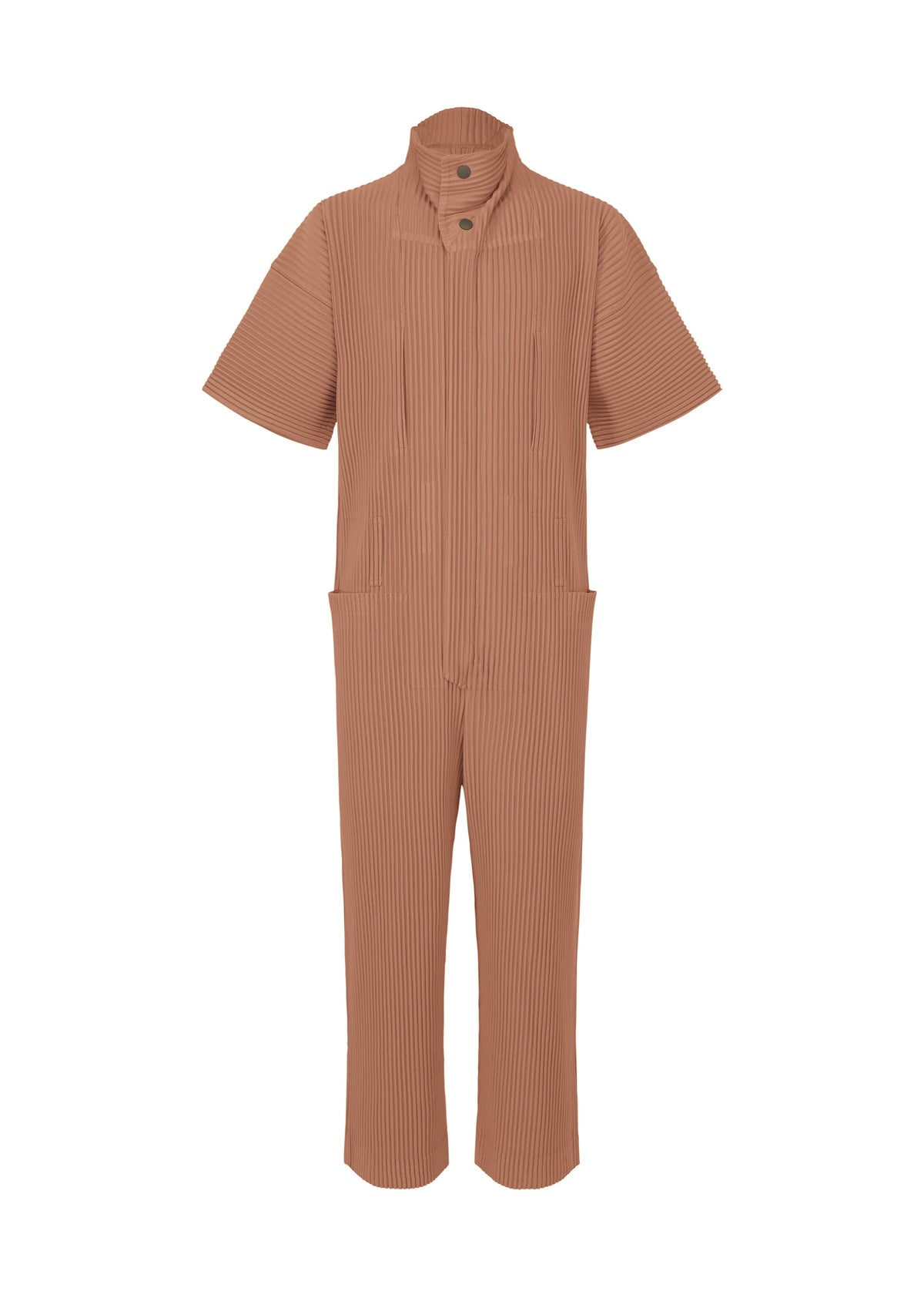 A product shot of the HOMME PLISSÉ ISSEY MIYAKE PLEATS BOTTOMS 1 jumpsuit in vanadinite red (26).