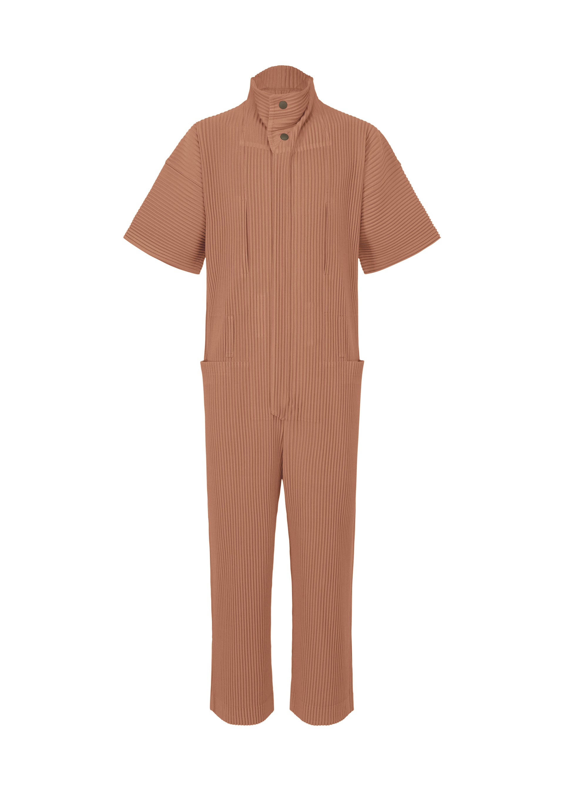 A product shot of the HOMME PLISSÉ ISSEY MIYAKE PLEATS BOTTOMS 1 jumpsuit in vanadinite red (26).