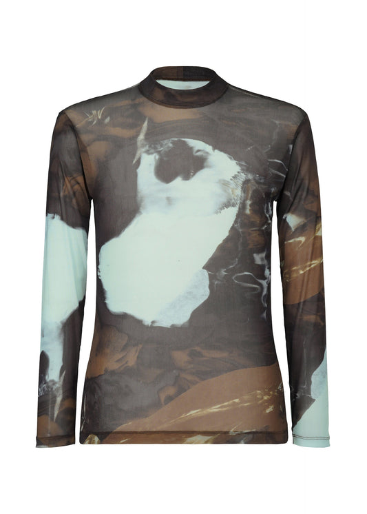 A product shot of the HOMME PLISSÉ ISSEY MIYAKE AGATE SHEER top in brown.