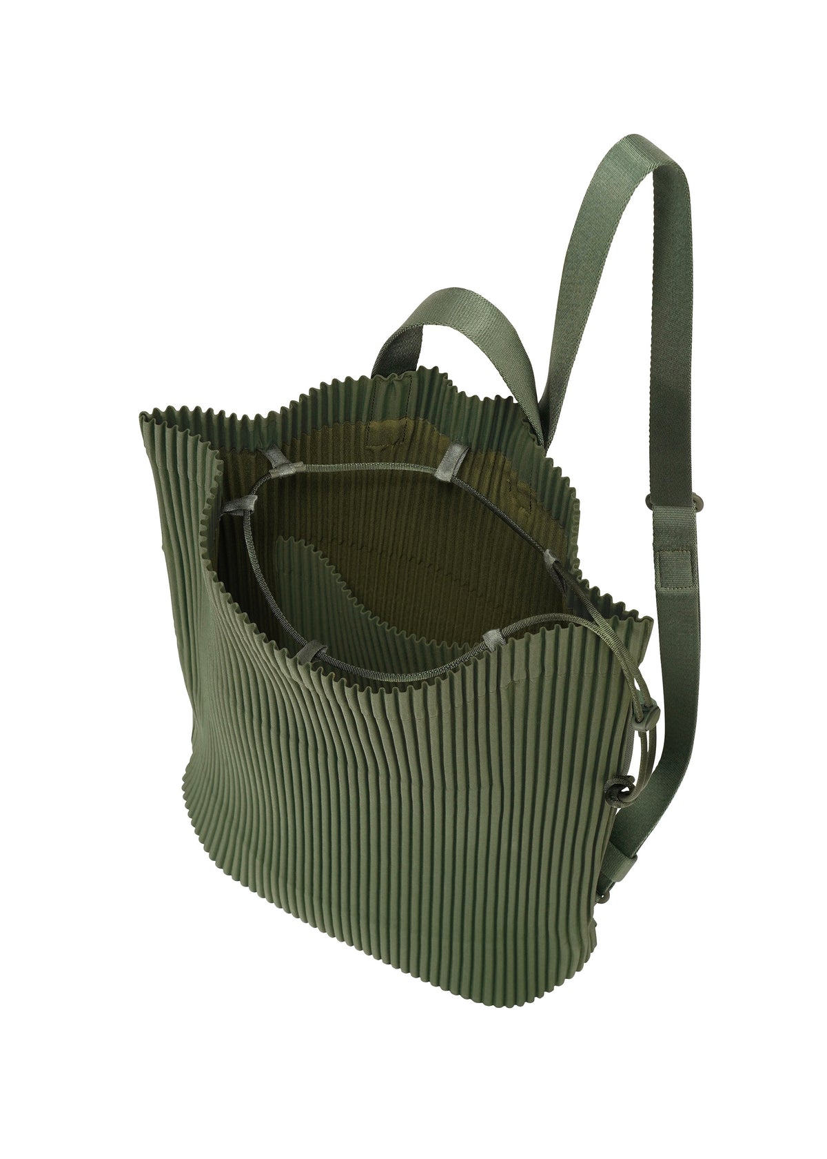 A detail shot of the HOMME PLISSÉ ISSEY MIYAKE DRAWSTRING PLEATS BAG bag.