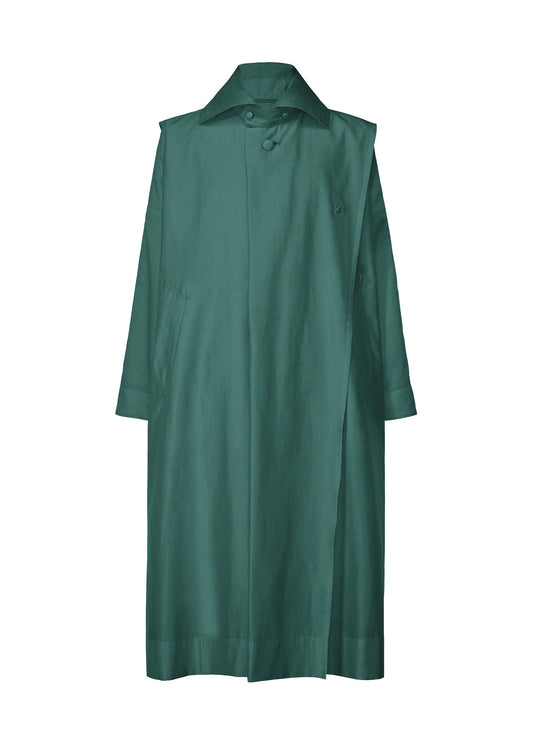 A product shot of the HOMME PLISSÉ ISSEY MIYAKE CRYSTALLINE WOOL BLEND coat in green (62).