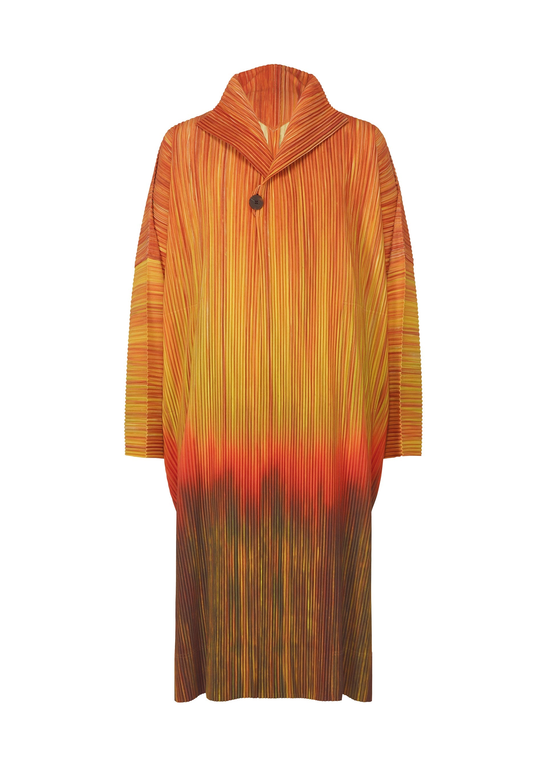 A product shot of the HOMME PLISSÉ ISSEY MIYAKE PAINT BRUSH CLOSE UP coat in orange (32).