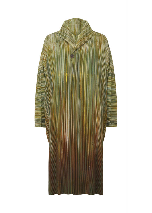 A product shot of the HOMME PLISSÉ ISSEY MIYAKE PAINT BRUSH CLOSE UP coat in green (62).
