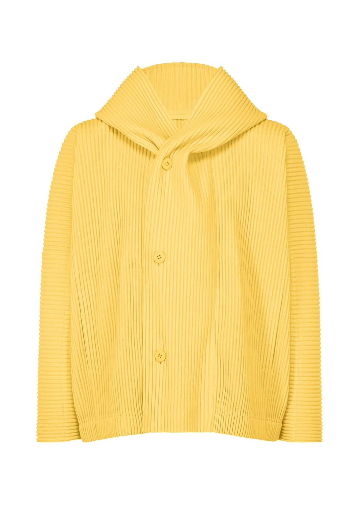 A product shot of the HOMME PLISSÉ ISSEY MIYAKE MONTHLY COLORS MARCH jacket in agave yellow (54).