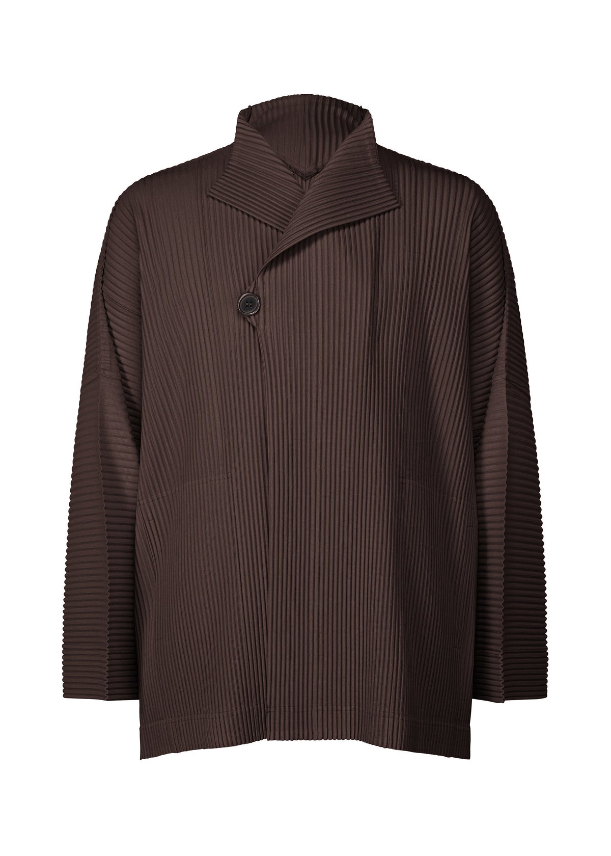 A product shot of the HOMME PLISSÉ ISSEY MIYAKE WEAR OR WRAP jacket in aubergine black (18).