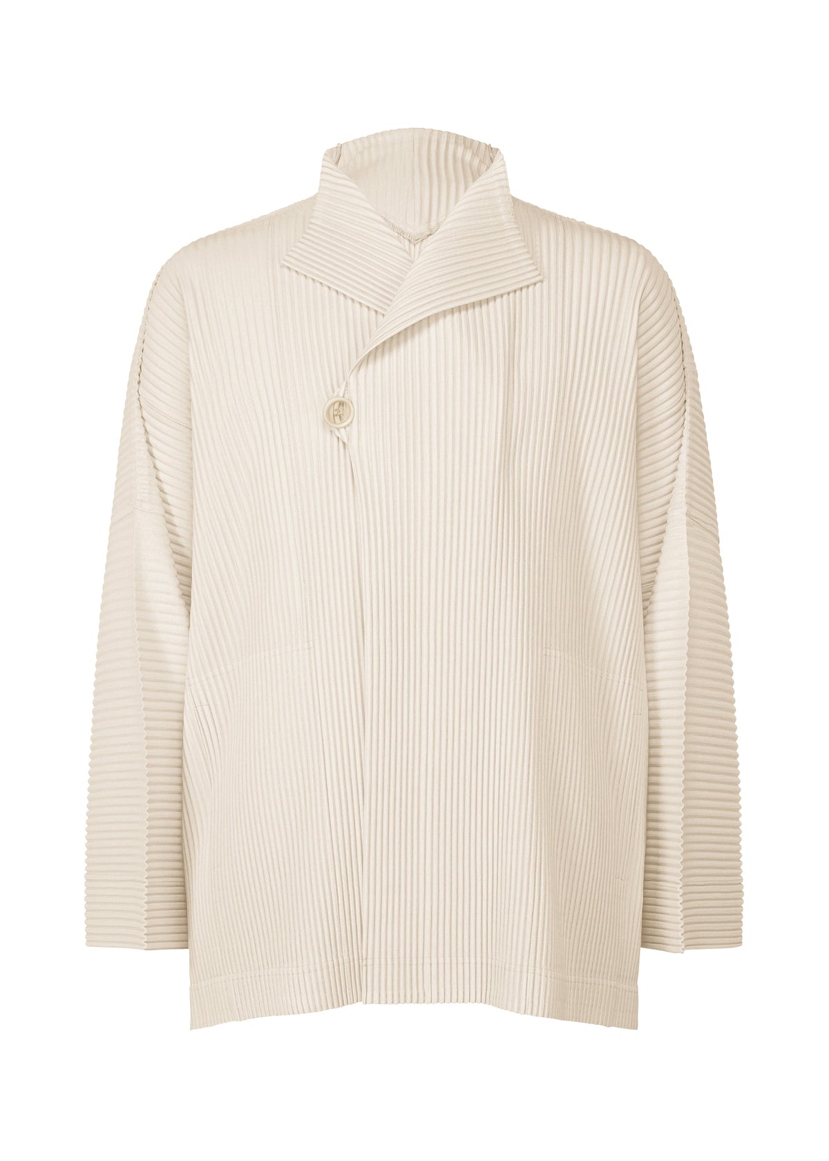 A product shot of the HOMME PLISSÉ ISSEY MIYAKE WEAR OR WRAP jacket in duomo beige (42).