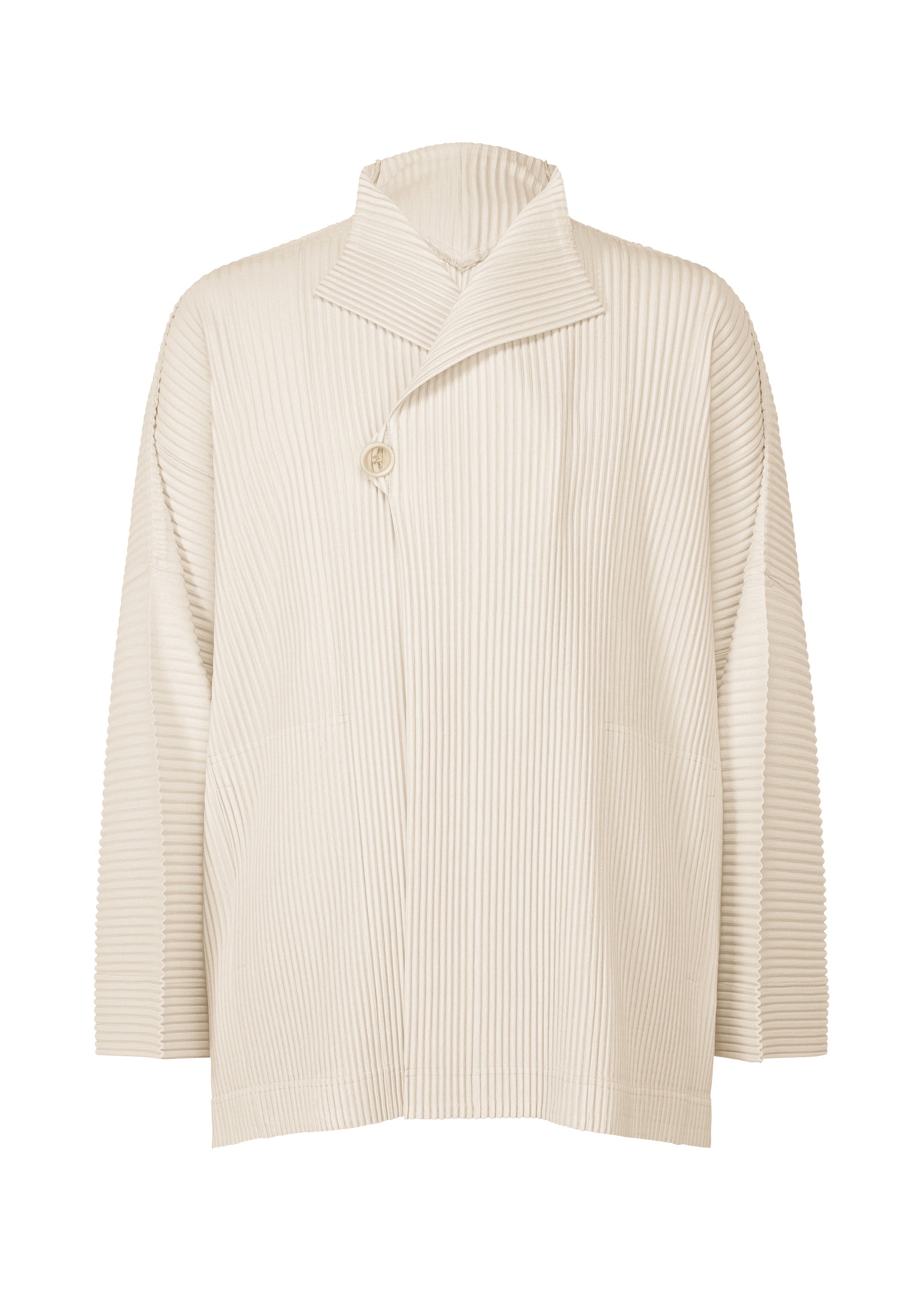 A product shot of the HOMME PLISSÉ ISSEY MIYAKE WEAR OR WRAP jacket in duomo beige (42).