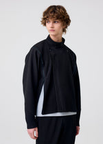 A model wears the HOMME PLISSÉ ISSEY MIYAKE MULTI-FASTENED multi-fastened-jacket-pizza-scorch-brown.