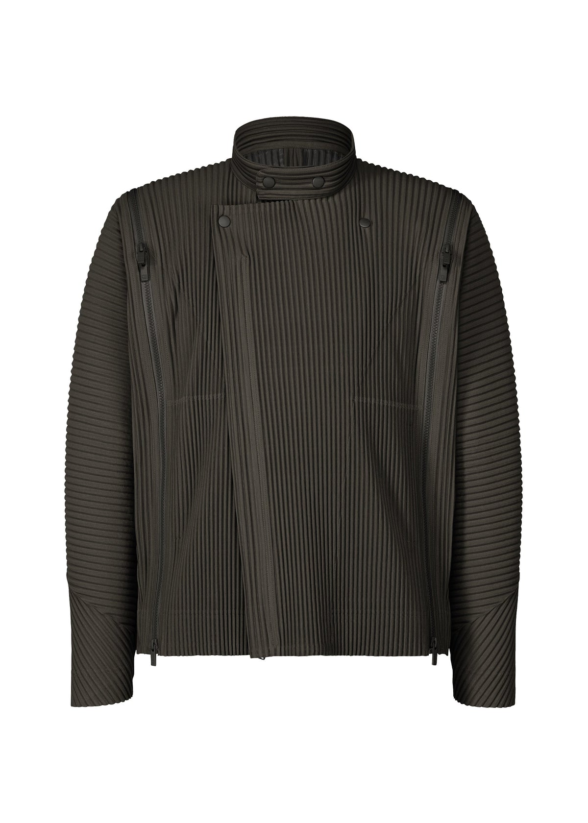 A product shot of the HOMME PLISSÉ ISSEY MIYAKE MULTI-FASTENED jacket in pizza scorch brown.