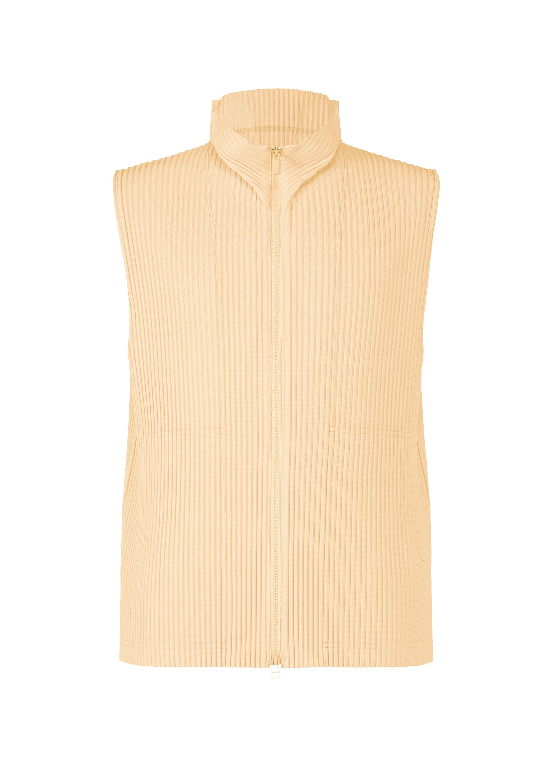 A product shot of the HOMME PLISSÉ ISSEY MIYAKE MONTHLY COLORS APRIL vest in pizza dough beige (43).