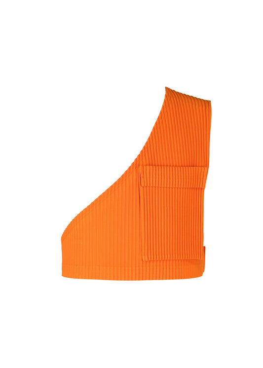A product shot of the HOMME PLISSÉ ISSEY MIYAKE PAINTER'S GEAR vest in florence orange (35).