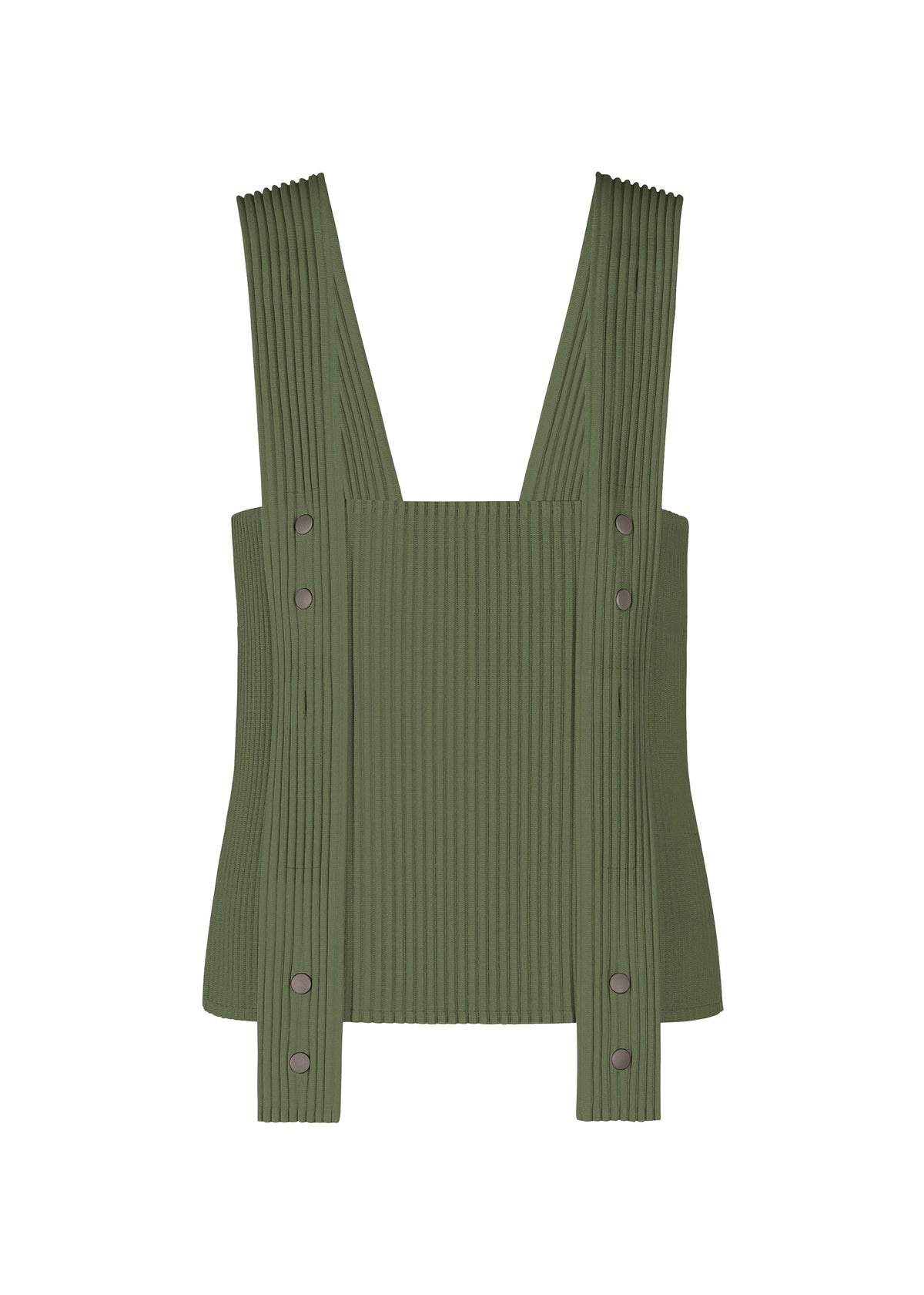 A product shot of the HOMME PLISSÉ ISSEY MIYAKE PAINTER'S GEAR vest in duomo door green (69).