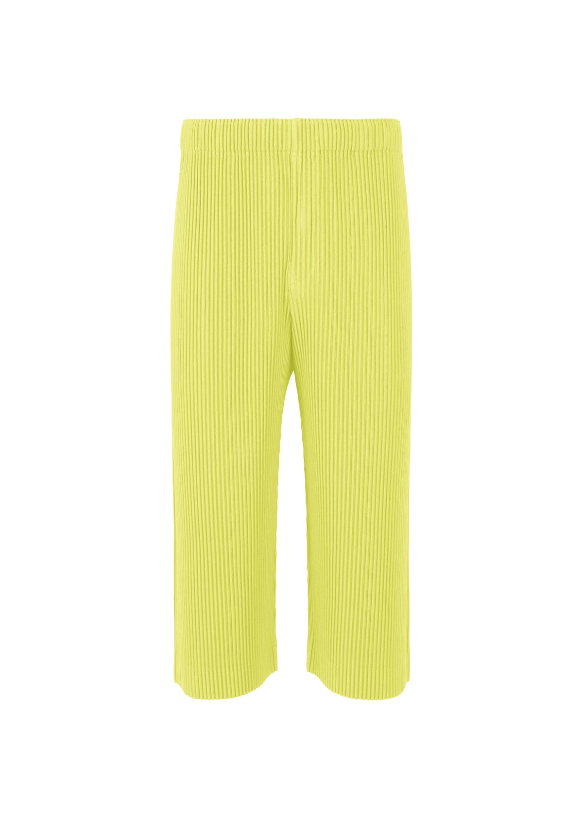 A product shot of the HOMME PLISSÉ ISSEY MIYAKE MONTHLY COLORS MAY trousers in zucchini yellow (53).