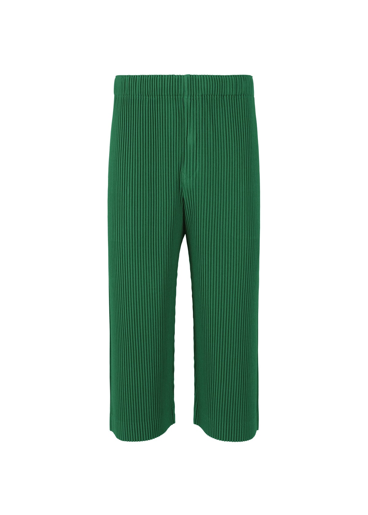 A product shot of the HOMME PLISSÉ ISSEY MIYAKE MONTHLY COLORS MAY trousers in portofino fence green (67).