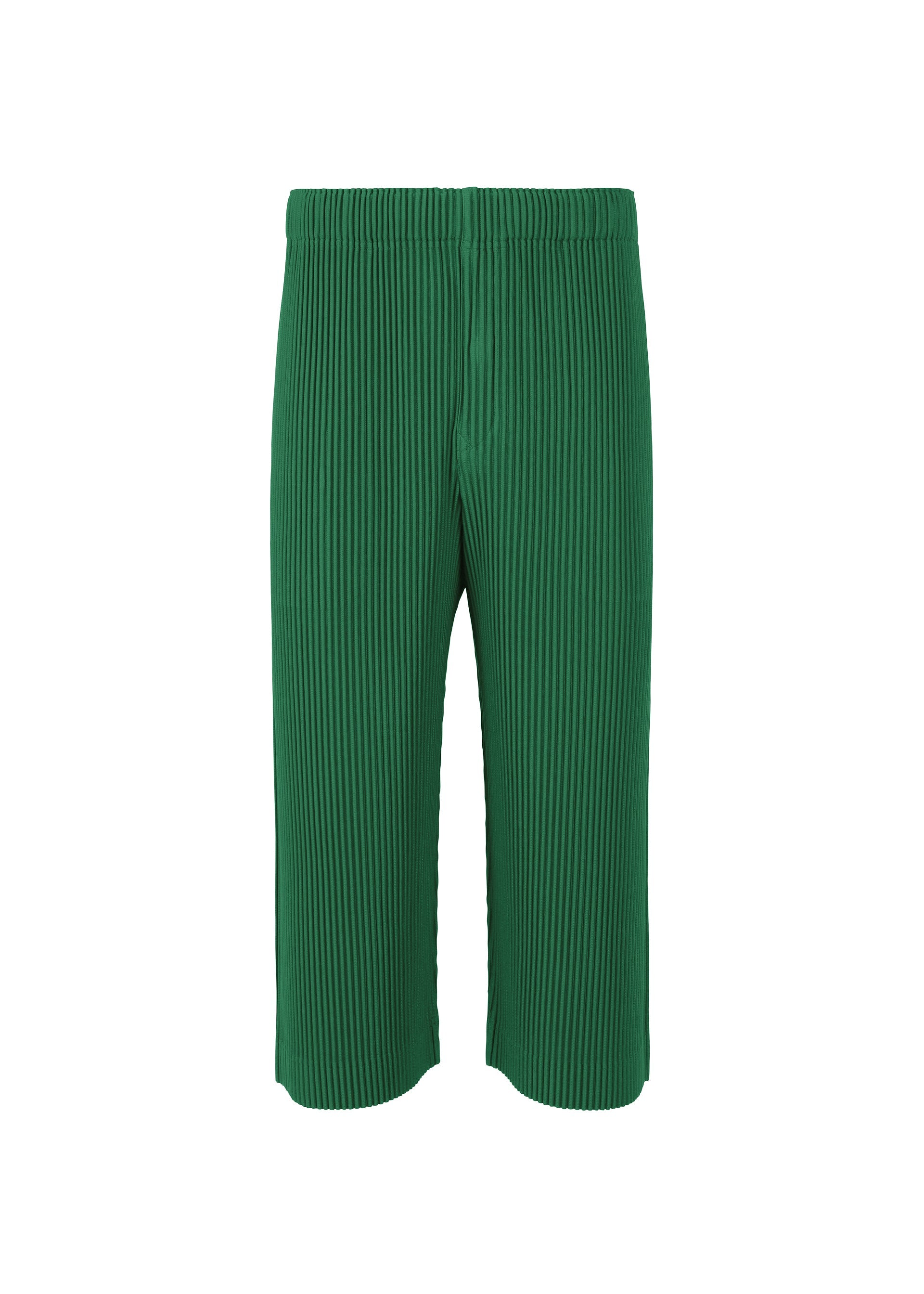 A product shot of the HOMME PLISSÉ ISSEY MIYAKE MONTHLY COLORS MAY trousers in portofino fence green (67).