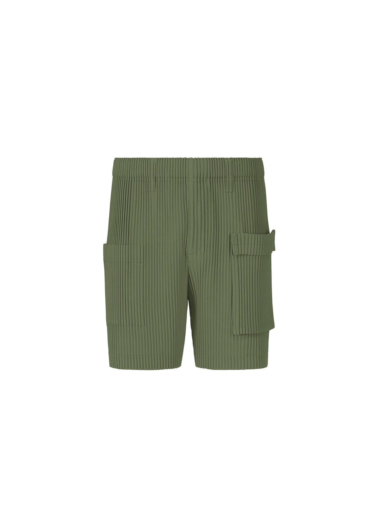 A product shot of the HOMME PLISSÉ ISSEY MIYAKE PAINTER'S GEAR trousers in duomo door green (69).