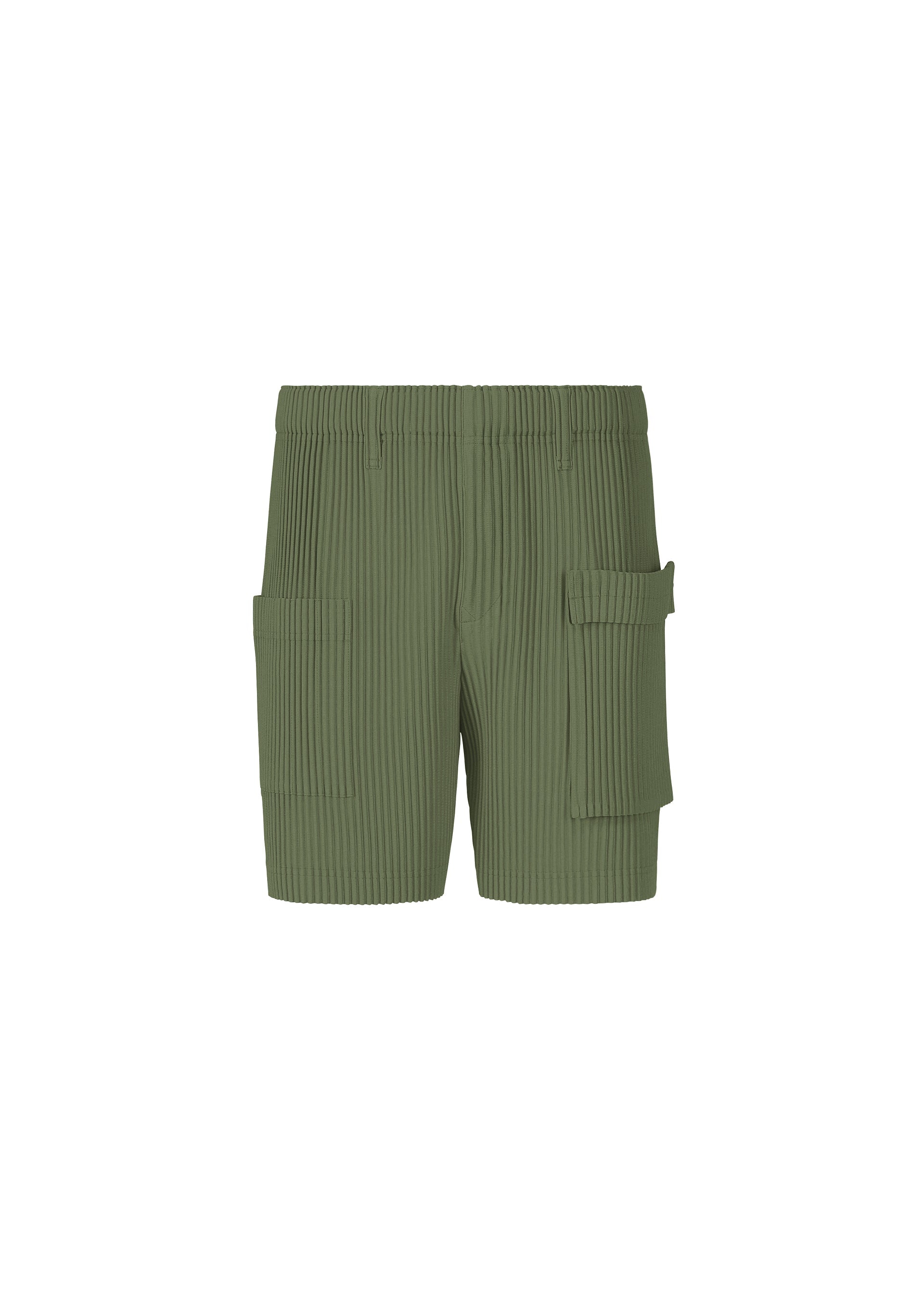 A product shot of the HOMME PLISSÉ ISSEY MIYAKE PAINTER'S GEAR trousers in duomo door green (69).