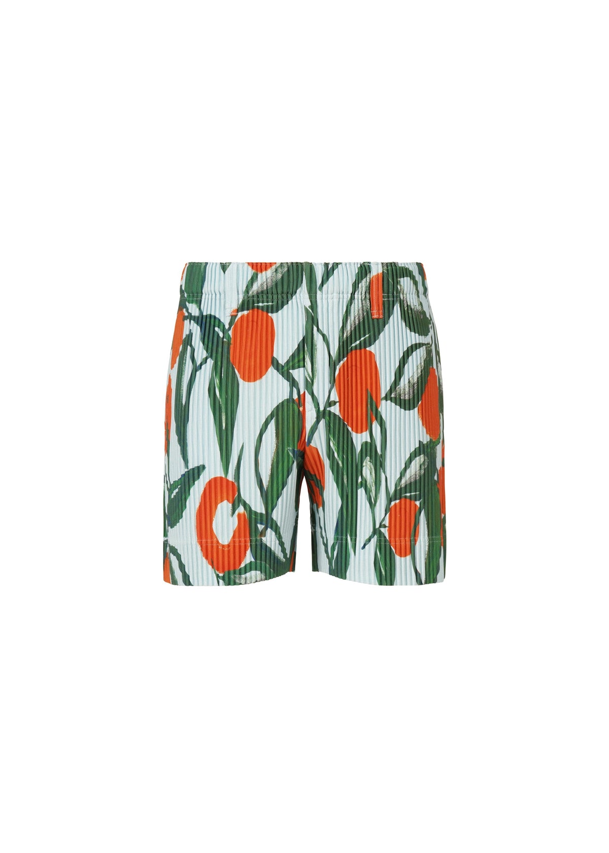 A product shot of the HOMME PLISSÉ ISSEY MIYAKE FRUITS & VEGETABLES shorts in blue (72).