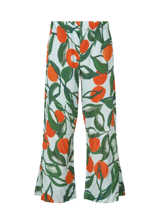 A product shot of the HOMME PLISSÉ ISSEY MIYAKE FRUITS & VEGETABLES trousers in blue (72).
