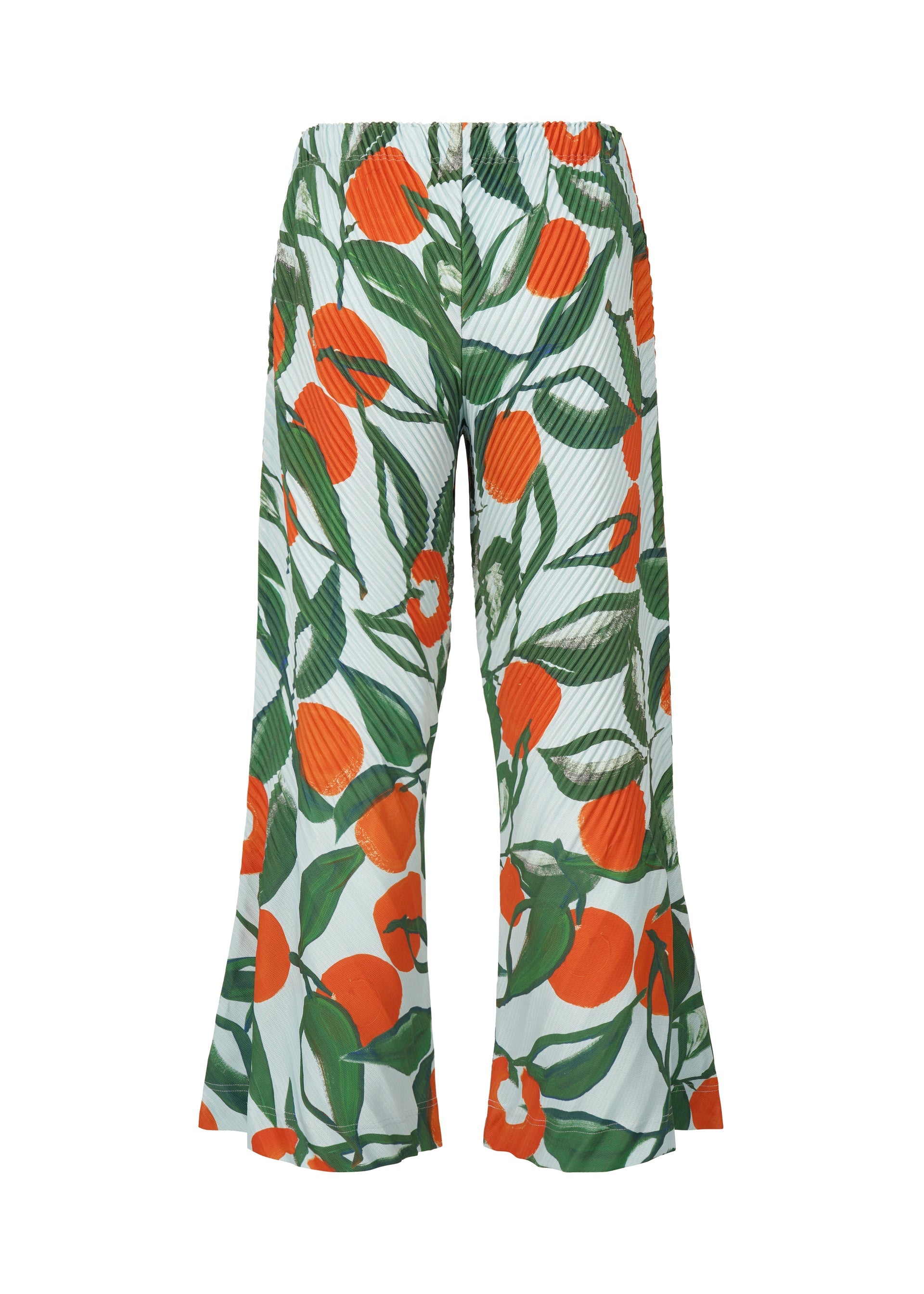 A detail shot of the HOMME PLISSÉ ISSEY MIYAKE FRUITS & VEGETABLES trousers.